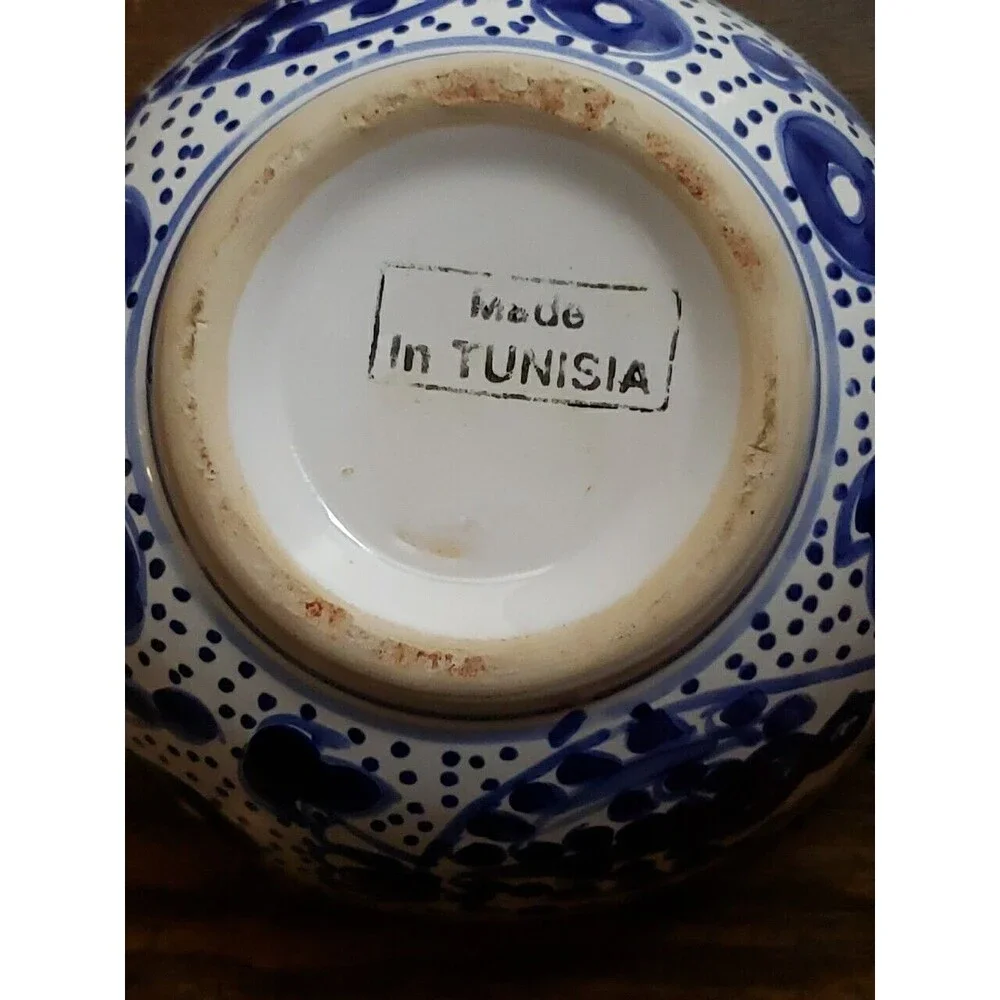 Blue White Bowl Painted Fish Made in Tunisia Mediterranean Soup Rice Cereal